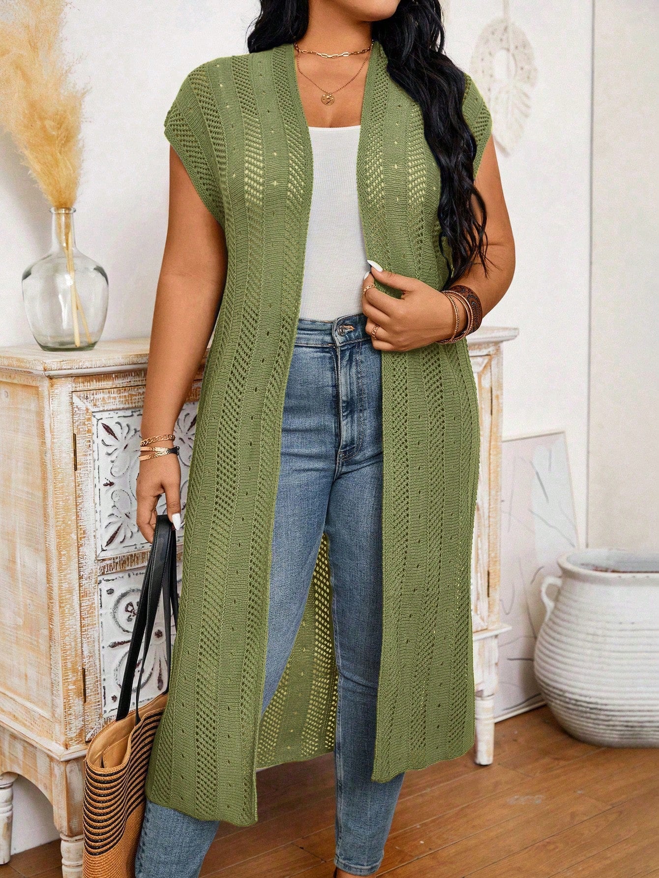 Plus Size Solid Color Long Cardigan With Flare Sleeves