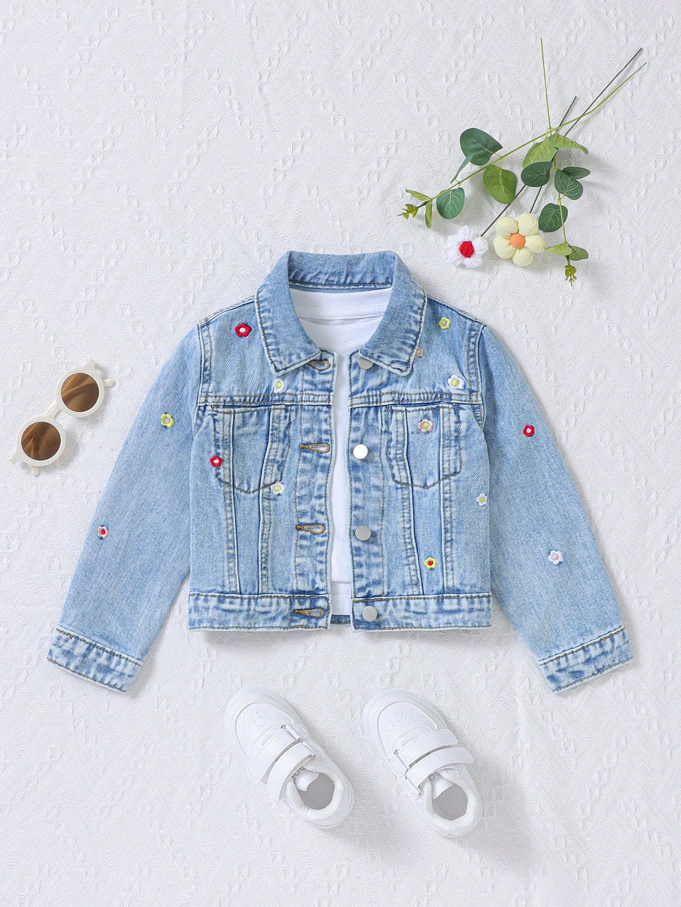 Young Girl Cute Printed Light Blue Washed Loose Fit Stand Collar Denim Jacket