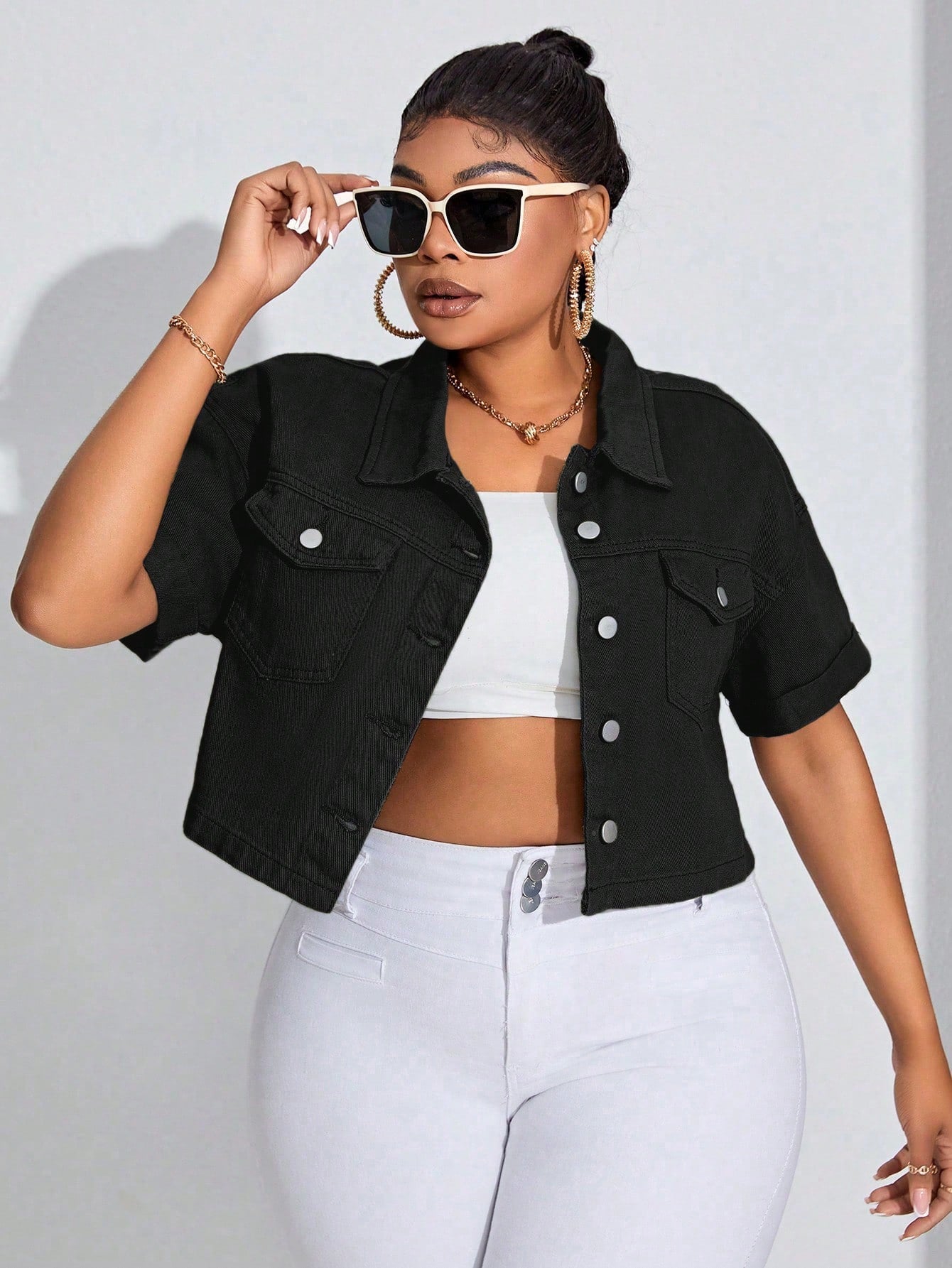 Plus Size Summer Casual Short Sleeve Cropped Denim Jacket