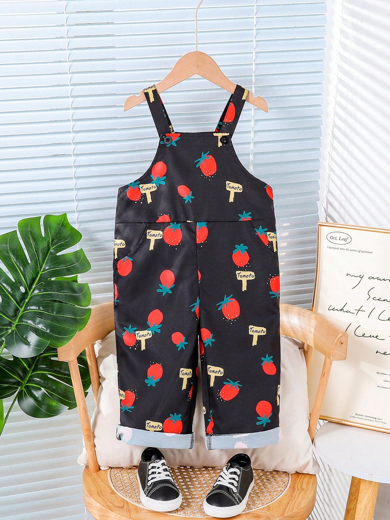 1pc Young Boys' Casual Cute Strawberry Printed Overalls, Suitable For Daily Wear, Sports, School, Playgrounds And Spring/Summer Seasons