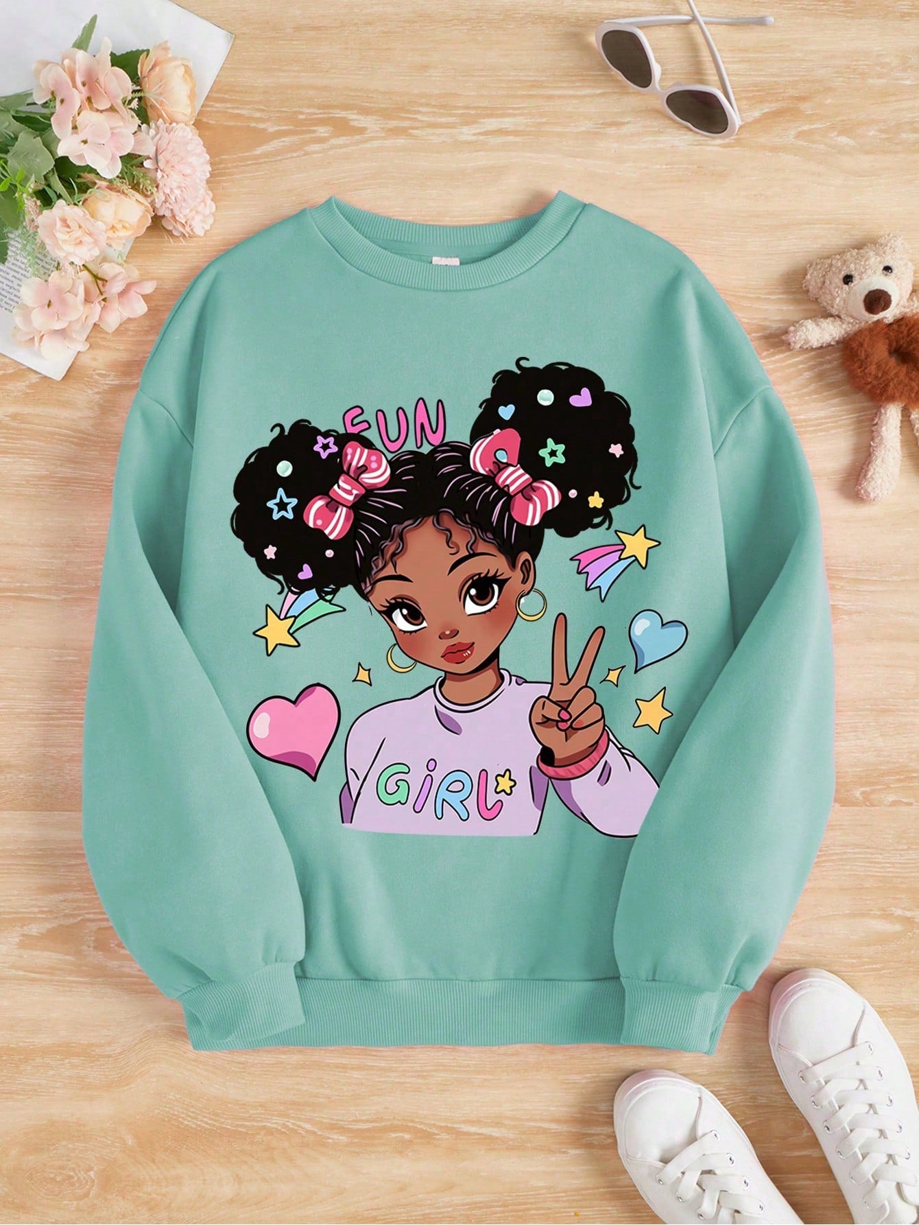 Tween Girl Casual Minimalist Cartoon Pattern Long Sleeve Sweatshirt, Suitable For Autumn And Winter