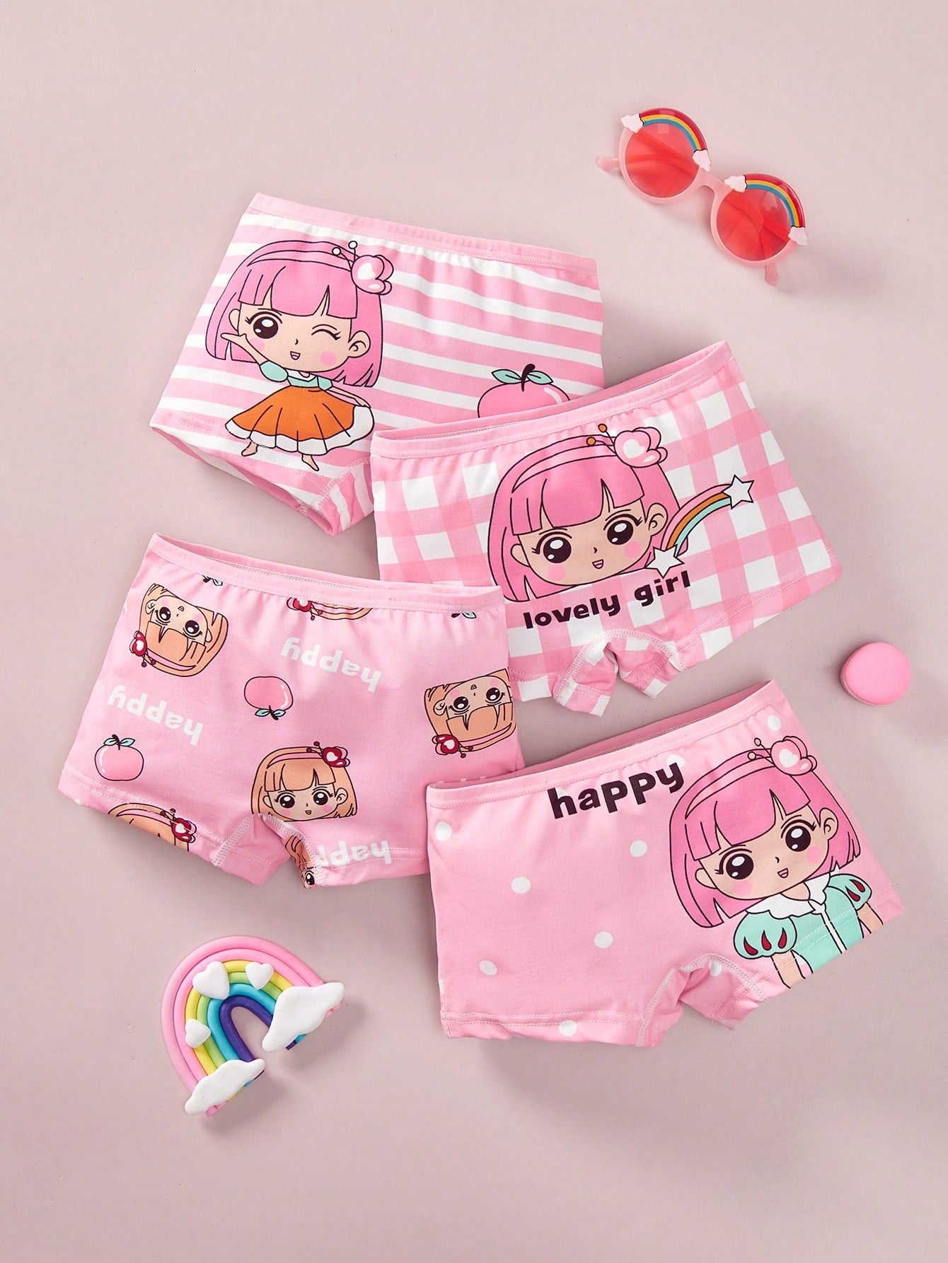 4pcs Sweet Cartoon Patterned Knitted Soft Comfortable Breathable Antibacterial Young Girl Boxer Shorts