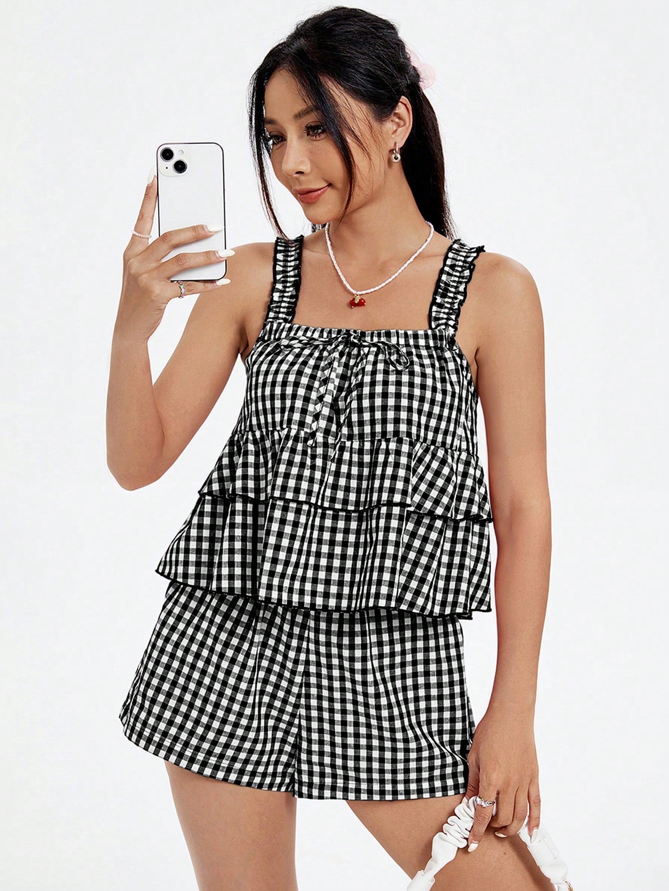 Women's Gingham Pattern Ruffle Hem Cami Top And Shorts Set