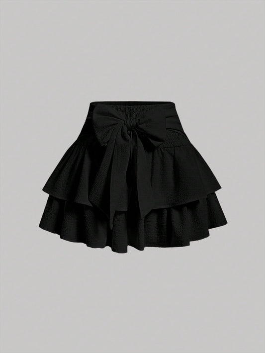 Solid Color Multi-Layered Cake Skirt With Bow Tie Belt Design For Summer Halloween Clothes Back To School Outfits Black Skirt