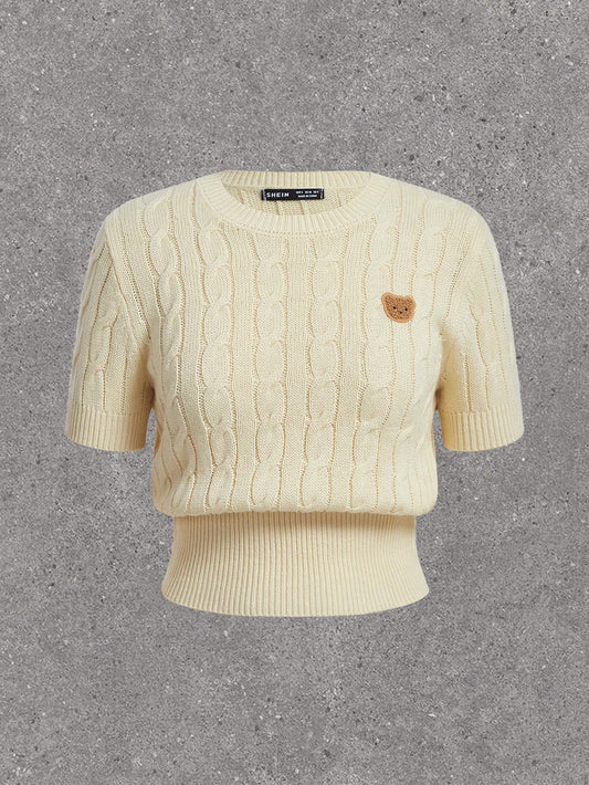 Women's Plus Size Warm Yellow Knitted Short Sleeve Sweater With Cute Bear Icon & Twisted Rope Knit Texture, Perfect For Summer And Early Autumn