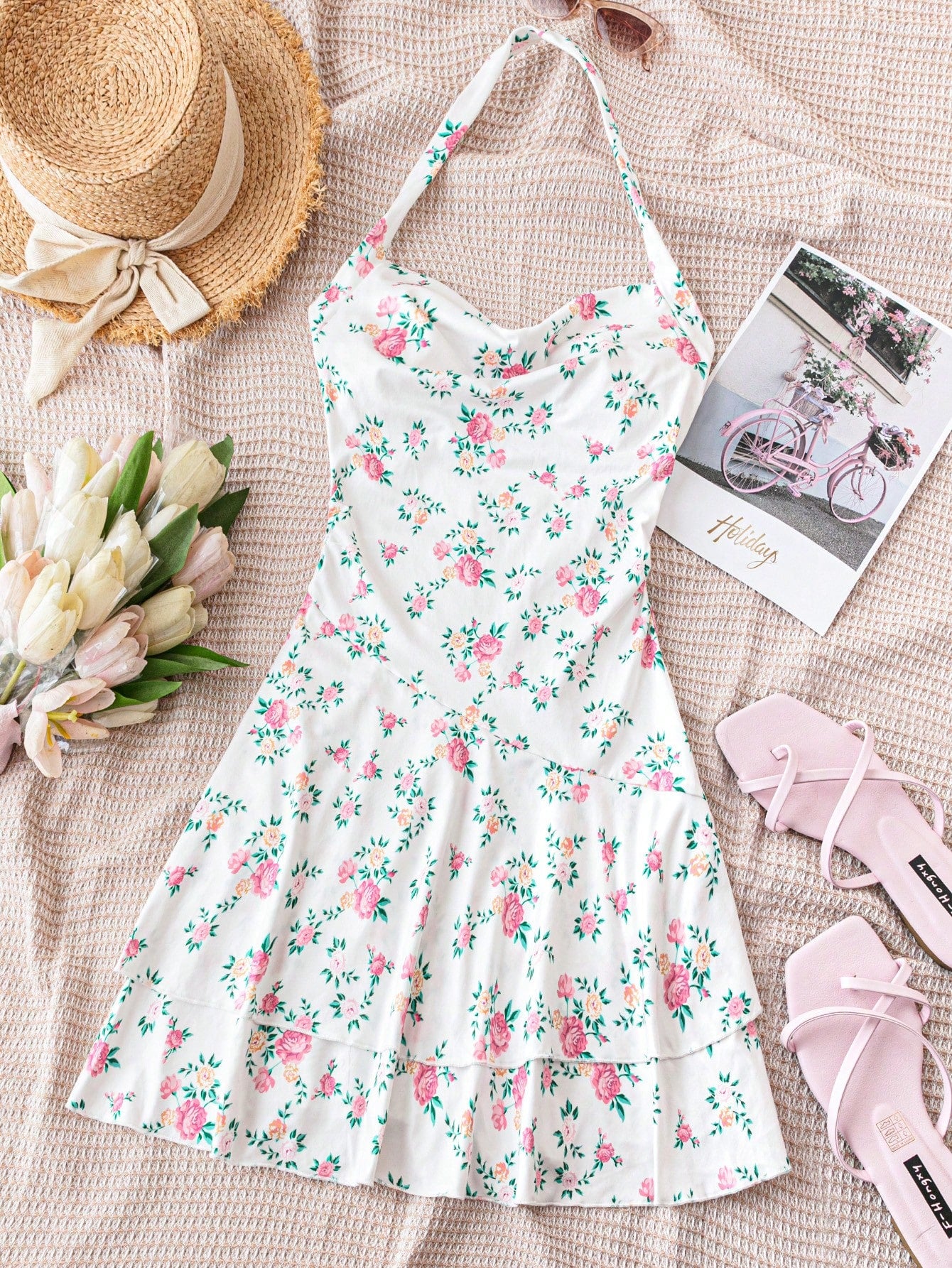 Vacation Style Floral Print Halter Neck Dress With Cinching Waist