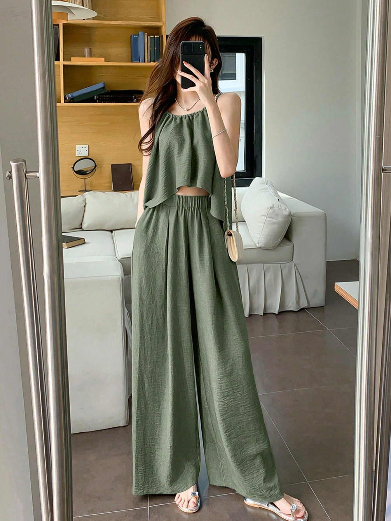 Women Summer Solid Color Asymmetrical Hem Camisole Top And Casual Pants Set