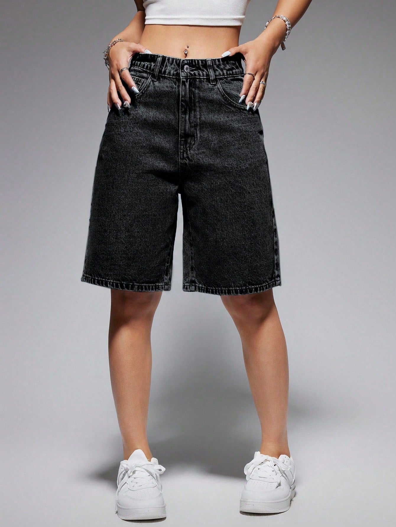 Solid Color Straight Leg Denim Shorts With Diagonal Pockets, Mom Shorts