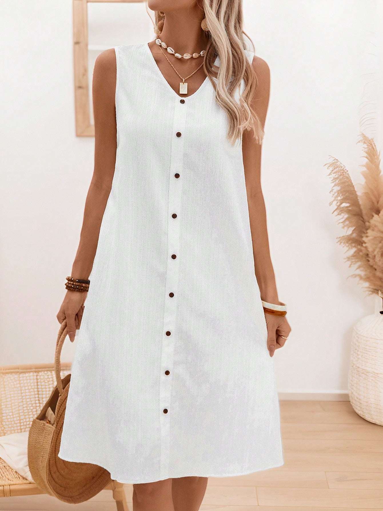 Women's Summer V-Neck Sleeveless Casual Dress With Single Button Decoration