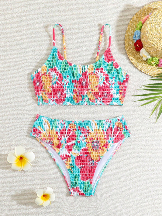 Tween Girl Floral Print Shirred Bikini Set Summer Beach