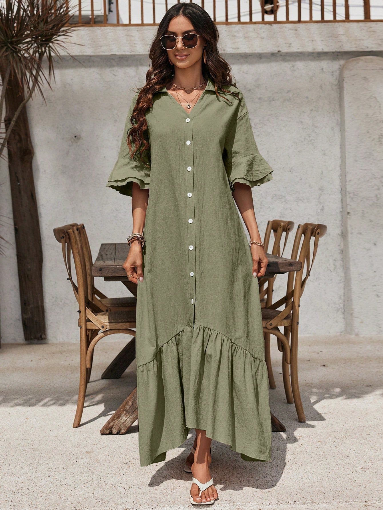 Summer Seaside Street Casual Holiday Solid Color Long Ruffled Shirt Dress For Women