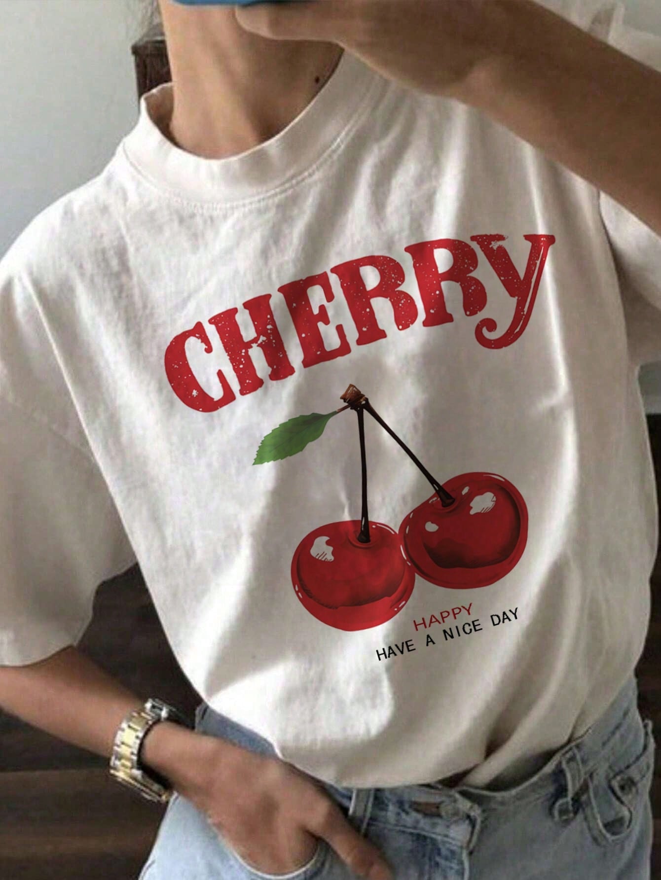 Oversized Cherry Print White Round Neck Short Sleeve T-Shirt, Casual And Simple, Super Loose Fit, Summer Women's Shirt