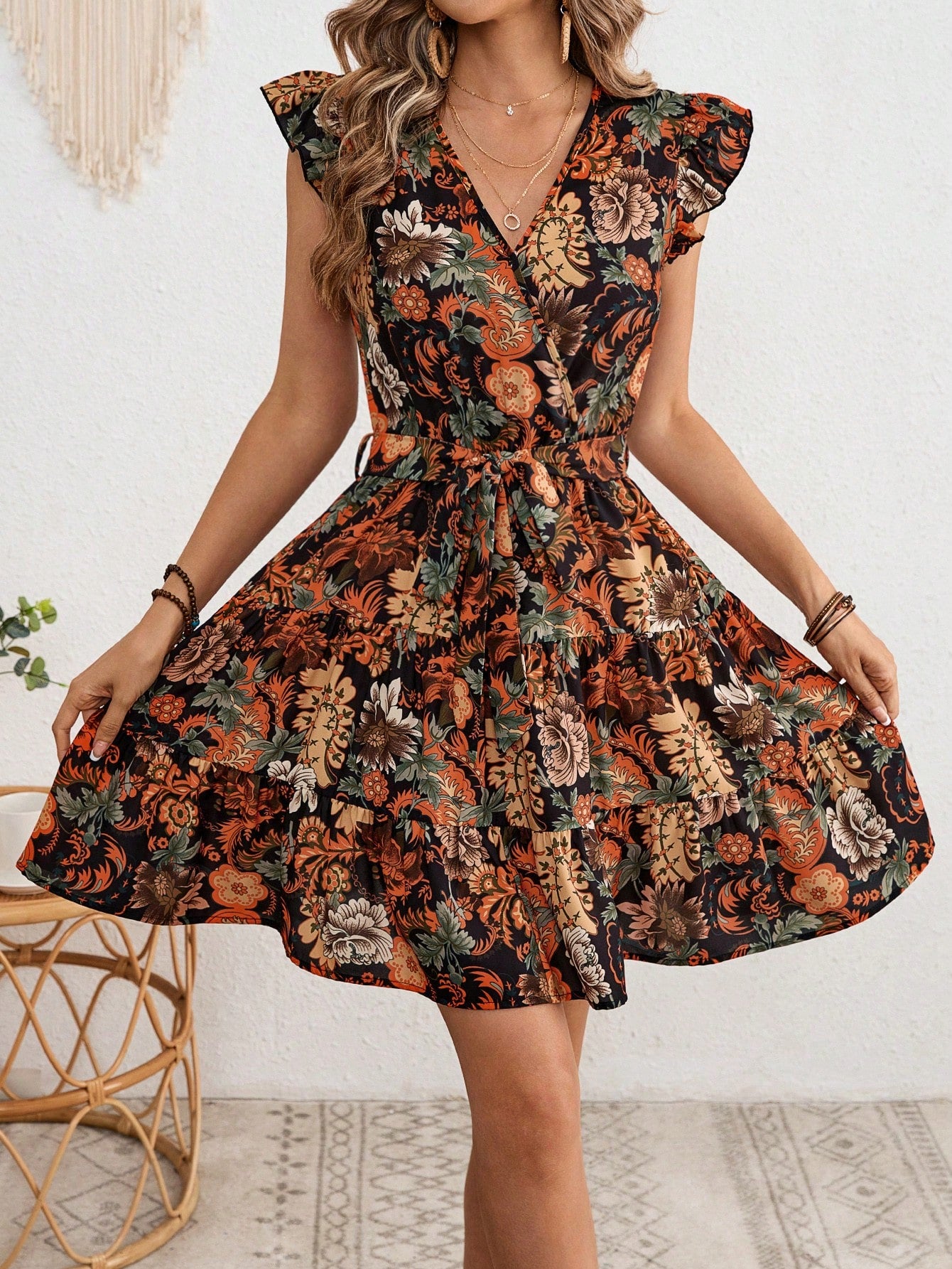 Summer Beach Paisley Print Ruffle Trim Belted Nashville Short  Dress