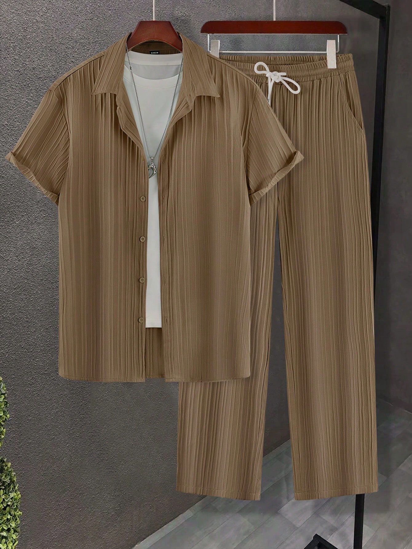 Men Solid Button Up Shirt & Drawstring Waist Pants Without Tee