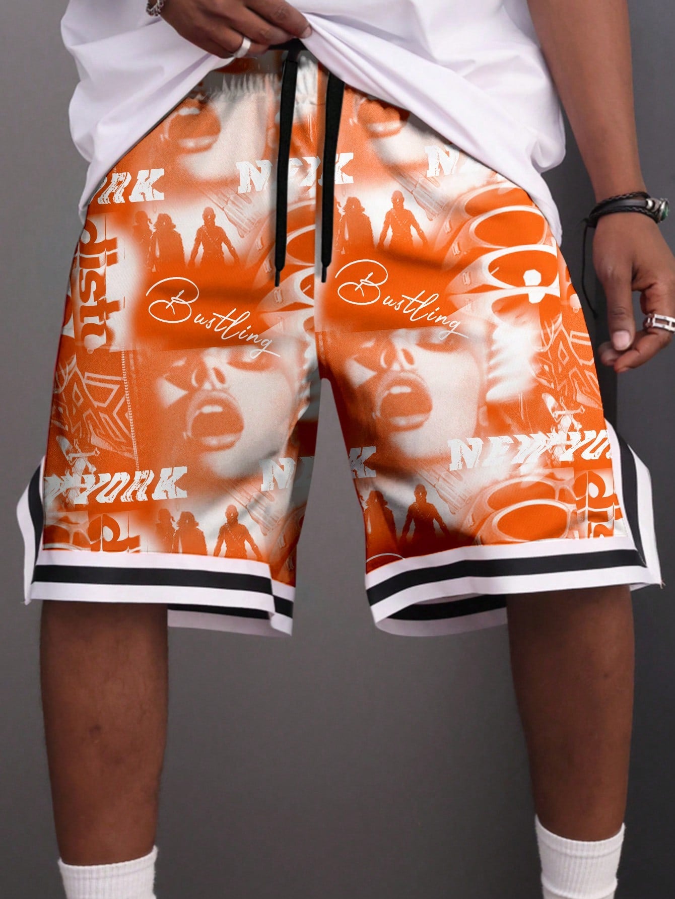 Loose Men Letter Printed Striped Hem Drawstring Graphic Shorts