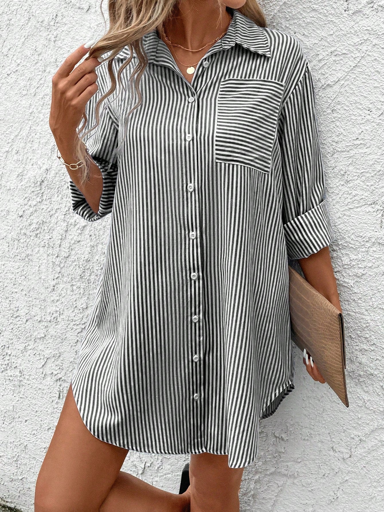 Ladies Spring Summer Casual Blue & White Striped Shirt Dress With Asymmetrical Hem, Side Slit And Pockets