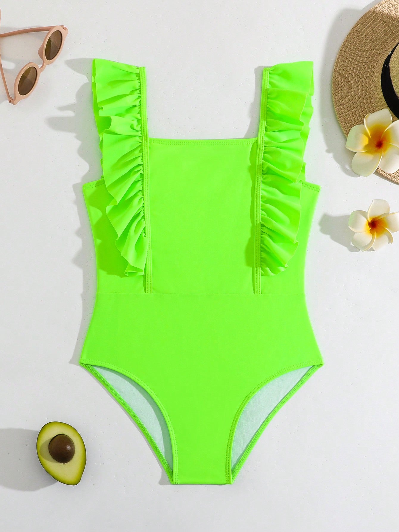 Tween Girl Summer Beach Ruffle Trim One-Piece Swimsuit, Neon Bathing Suit