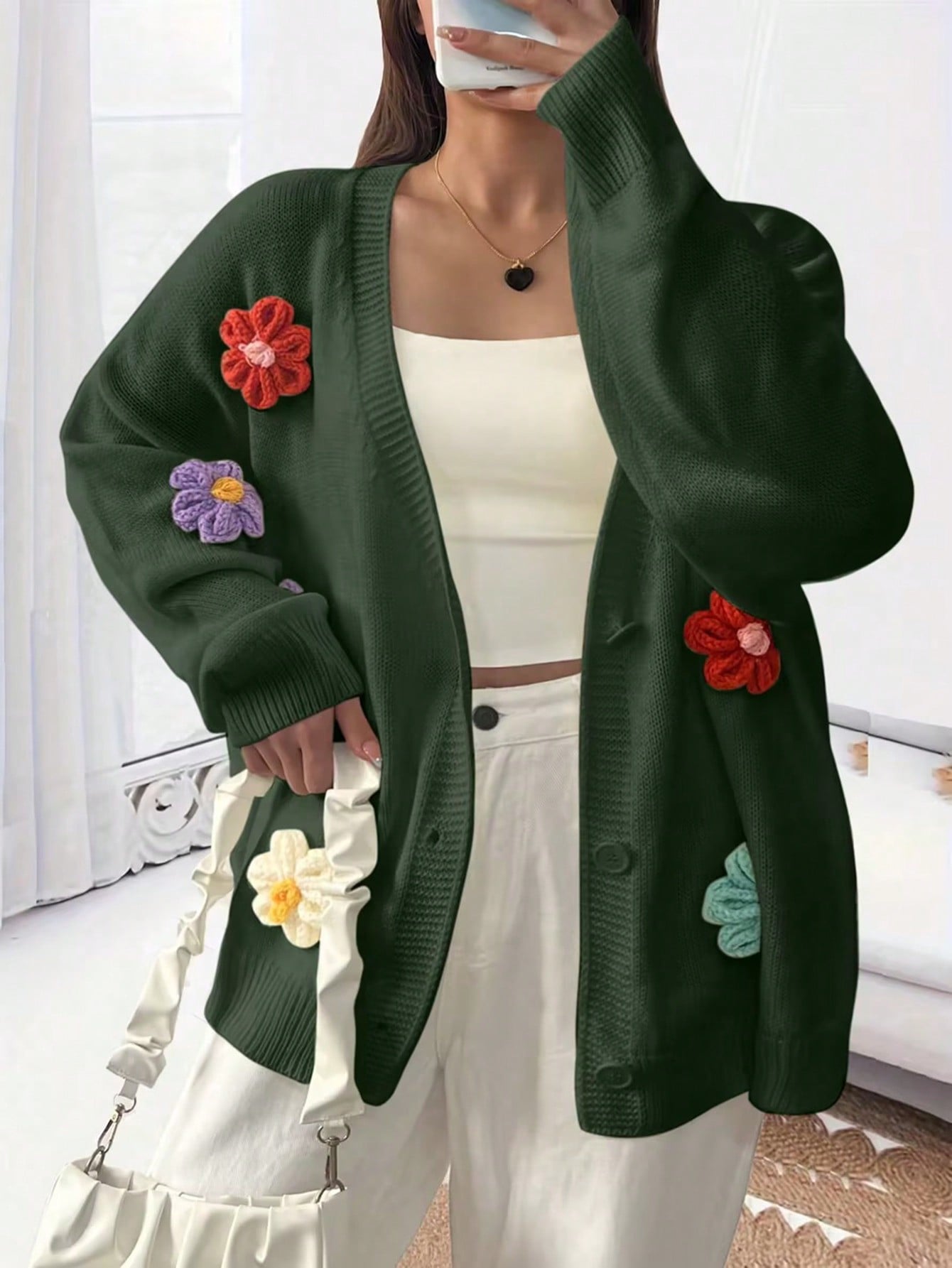 Plus Size Loose-Fit Cardigan With Wide Drop Shoulder And 3D Flower Embellishment