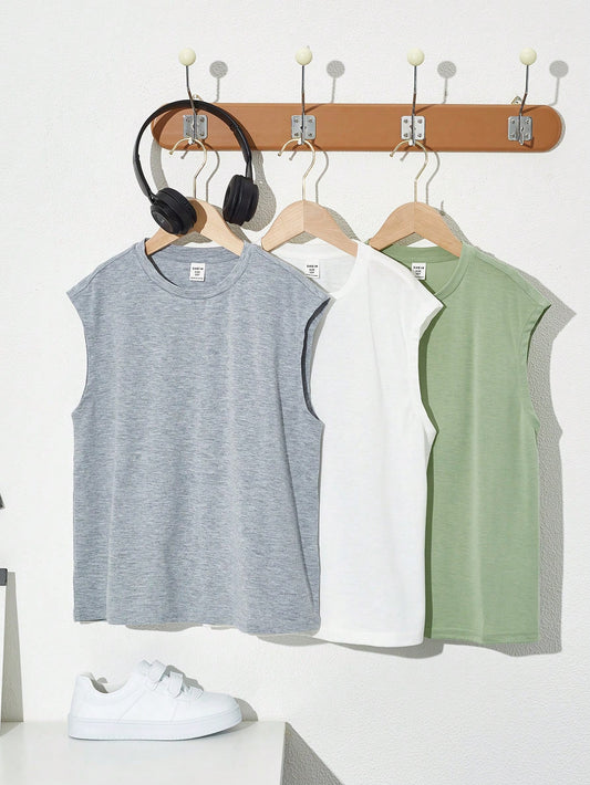 Tween Boys' 3pcs/Set Loose Fit Summer Round Neck Solid Tank Top