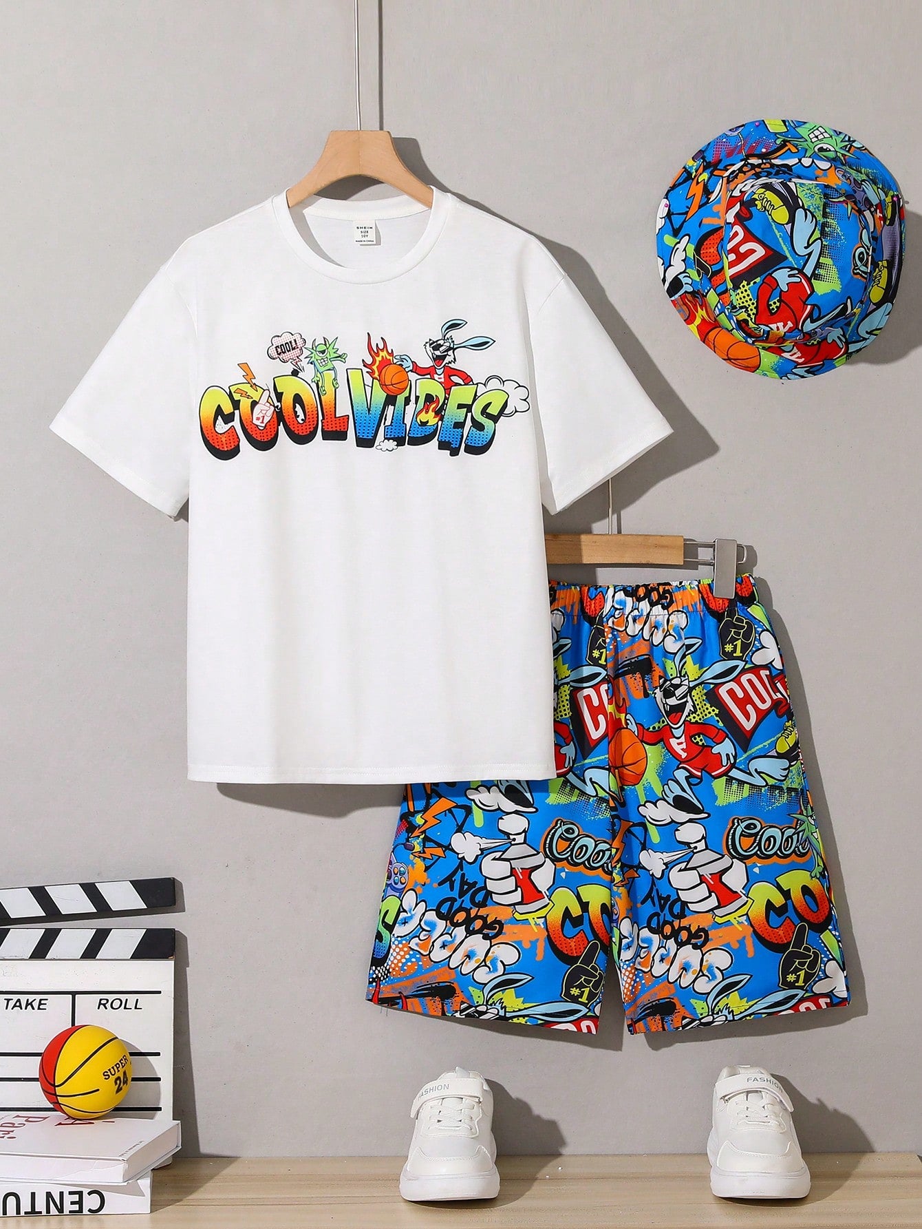 Kids Tween Boy Casual Graffiti Printed Round Neck Short Sleeve Knit Tee And Woven Shorts With Hat Set, 3pcs