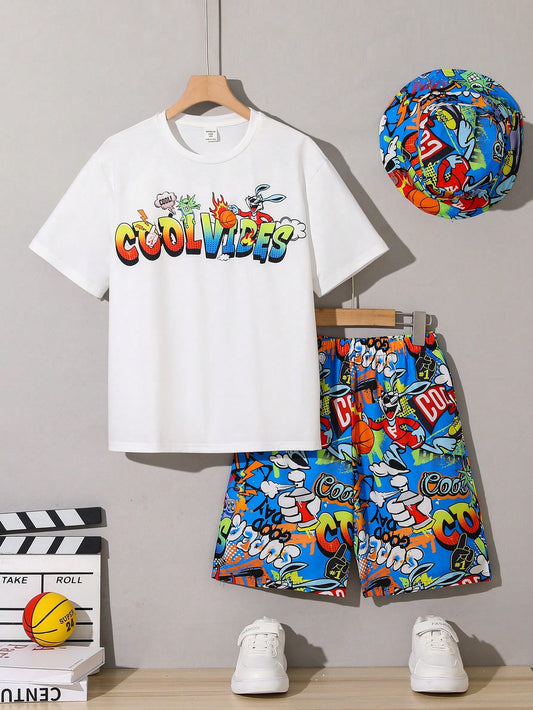 Kids Tween Boy Casual Graffiti Printed Round Neck Short Sleeve Knit Tee And Woven Shorts With Hat Set, 3pcs