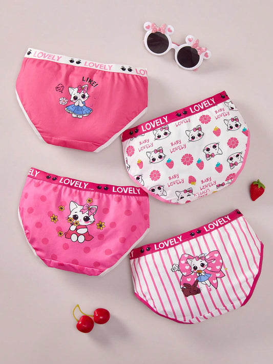 4pcs/Set Young Girl Cute Cat & Letter Pattern Elastic Knit Antibacterial Breathable Triangle Shorts