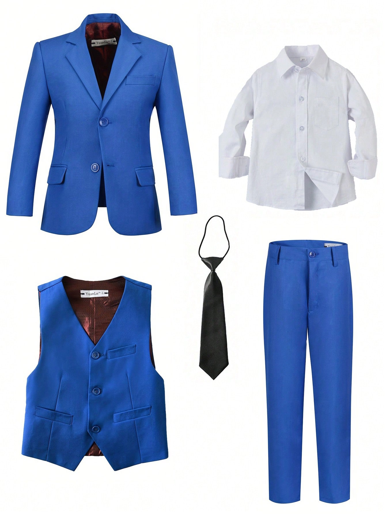 Back-To-School Season Tween Boy Royal Blue Suit 5pcs Set: Jacket, Vest, Shirt, Pants, And Necktie