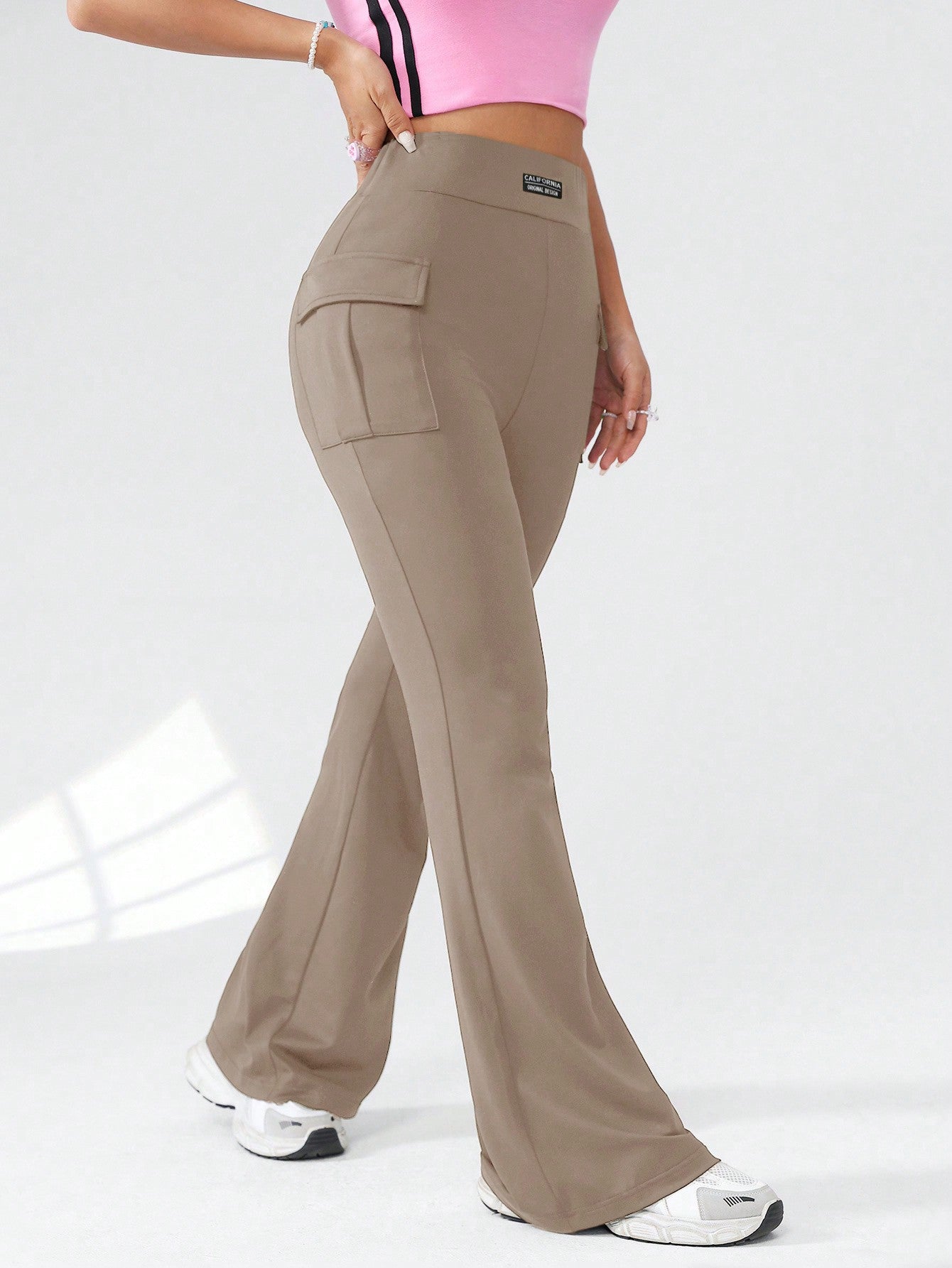 Women Casual Solid Color Chino Pants With Slim Fit And Slight Flare Detail