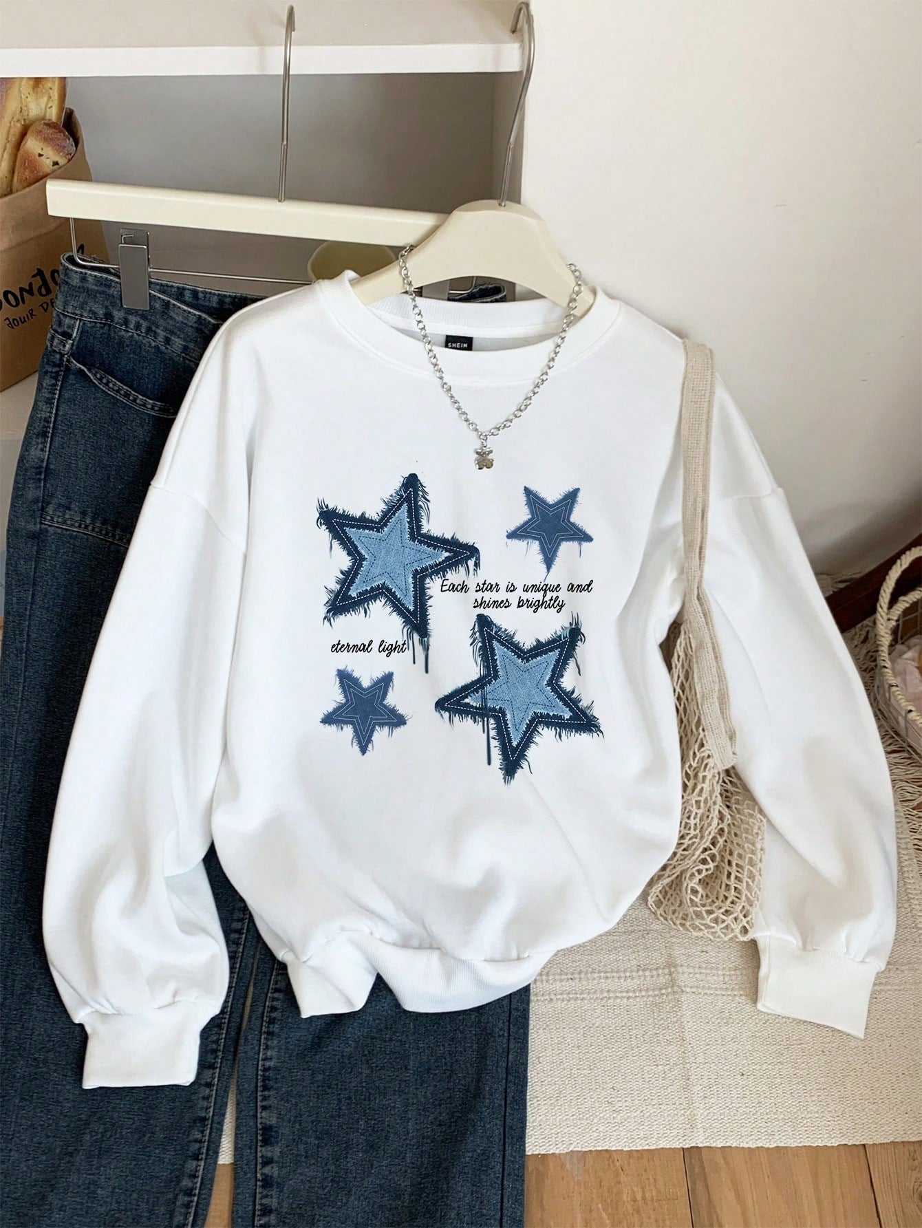 Casual Blue Star Print White Round Neck Long Sleeve Oversize Loose Women's Sweatshirt With Applique Each Star Is Unique And Shines Brightly Eternal Light