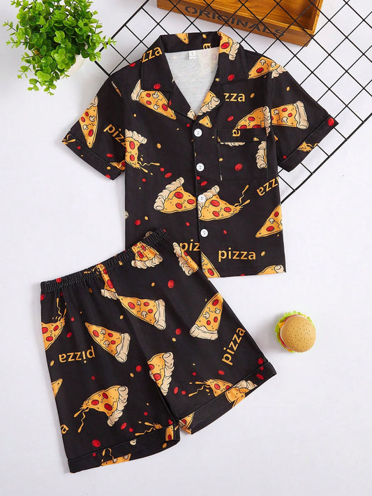 Teen Boys' Flame-Retardant Milk Silk Pizza Printed Collared Short Sleeve Cardigan With Shorts, Casual 2pcs/Set Home Outfit