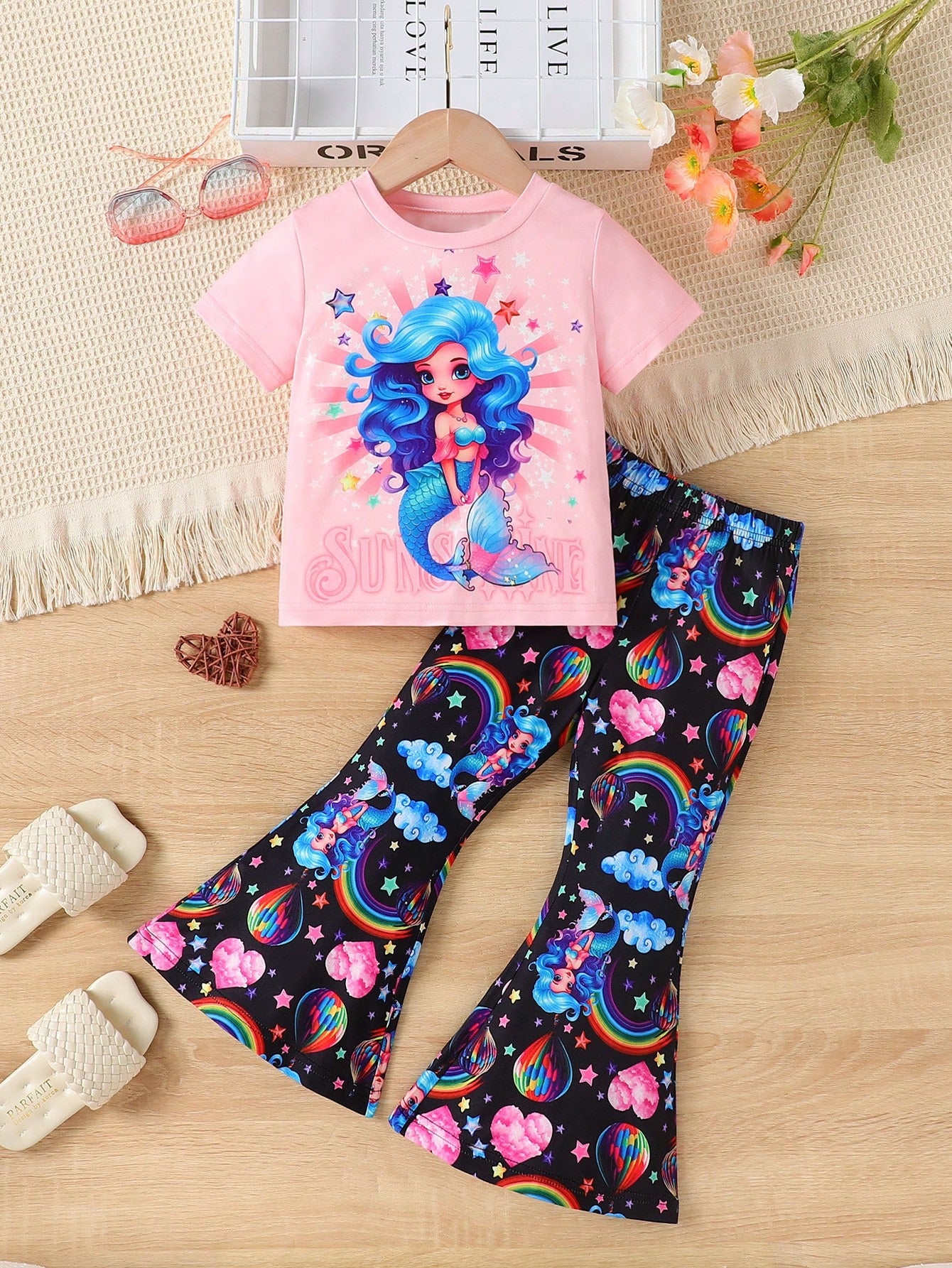 Young Girl Mermaid Print Short Sleeve Top + Mermaid Hot Air Balloon Flared Pants Set