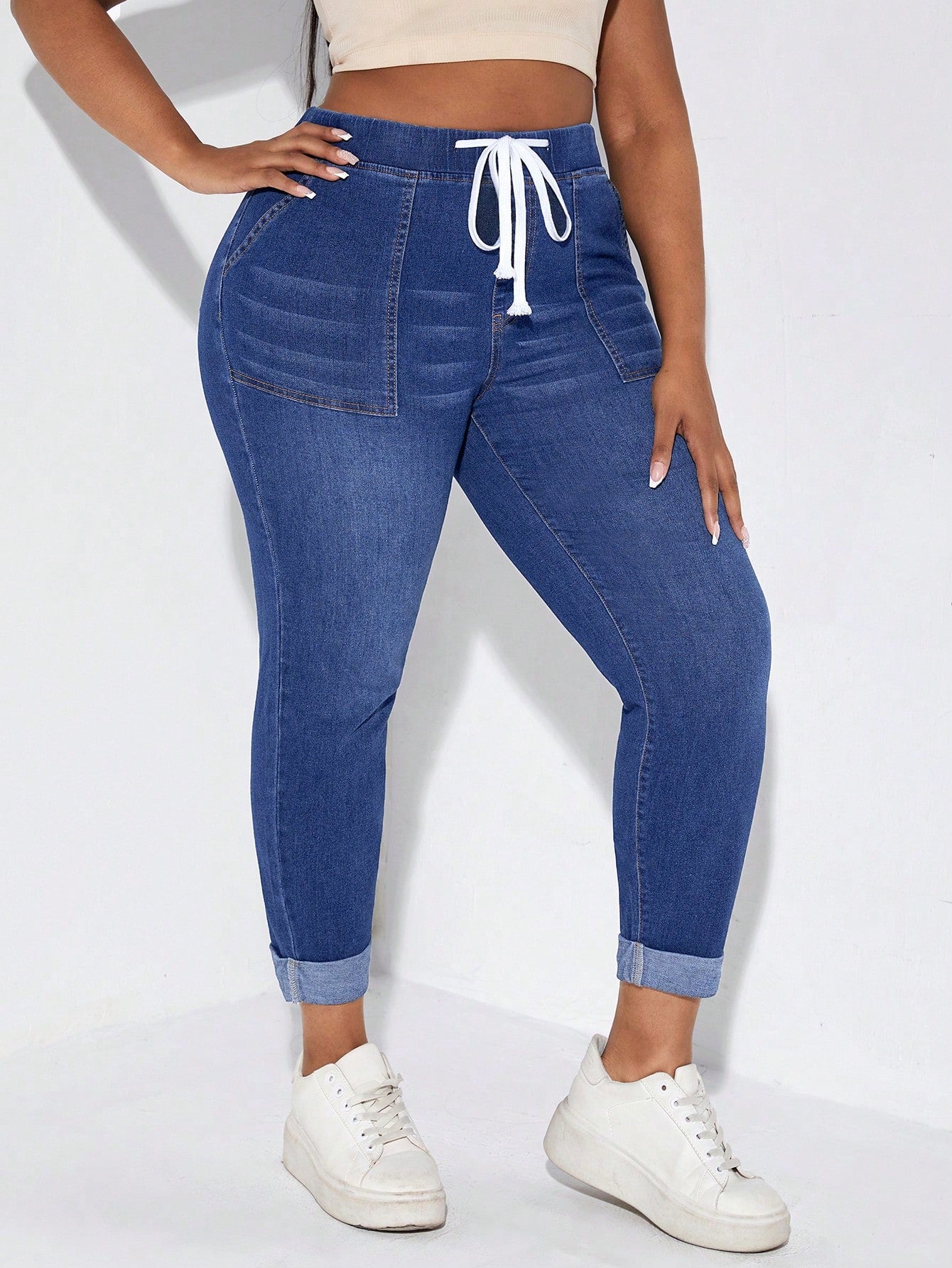 Plus Drawstring Waist Roll Up Hem Skinny Jeans