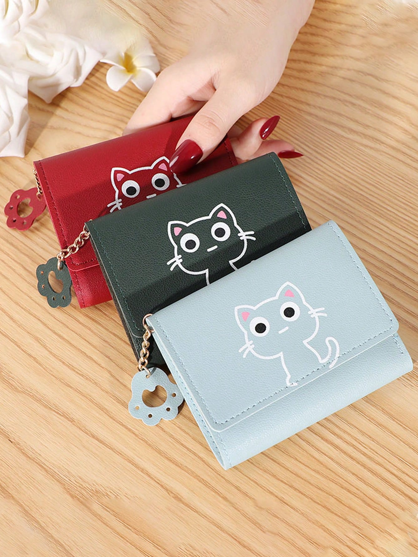 1pc Kids' Cute Faux Leather Cat Printed Coin Purse, Women's Tri-Fold Small Wallet With Multiple Card Slots And Card Holder Clutch