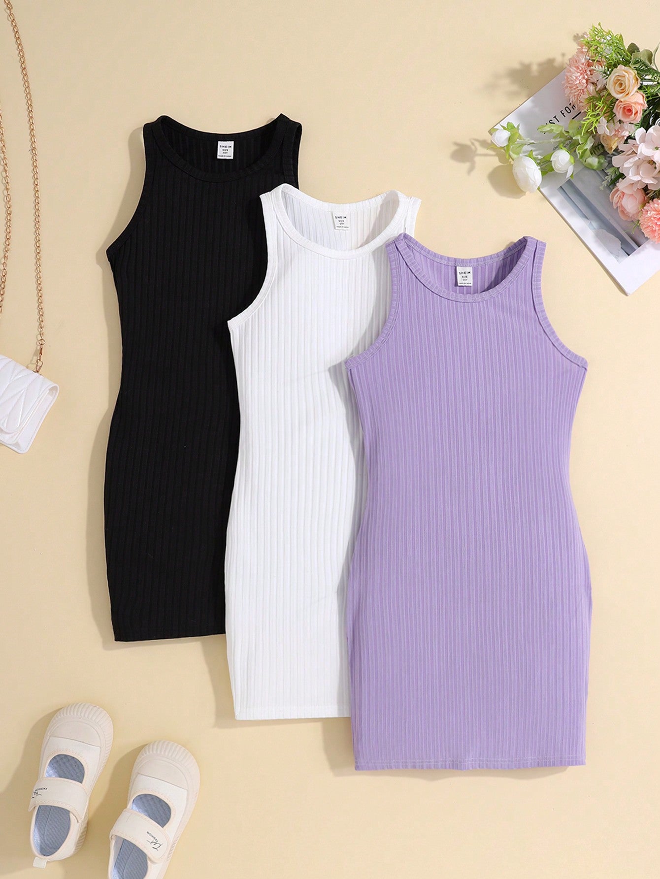 Tween Girls' Knitted Solid Color Sleeveless Bodycon Dress Set With Round Neck And Outerwear