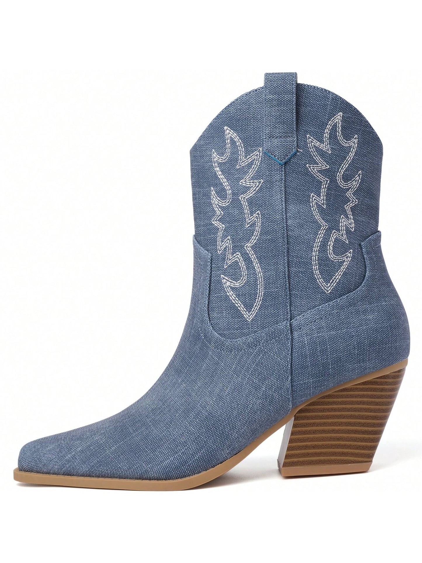 Cowgirl Boots For Women Embroidered Cowboy Boots Pointed Toe Ankle Boots Chunky Western Boots Pull-On Mid Calf Booties