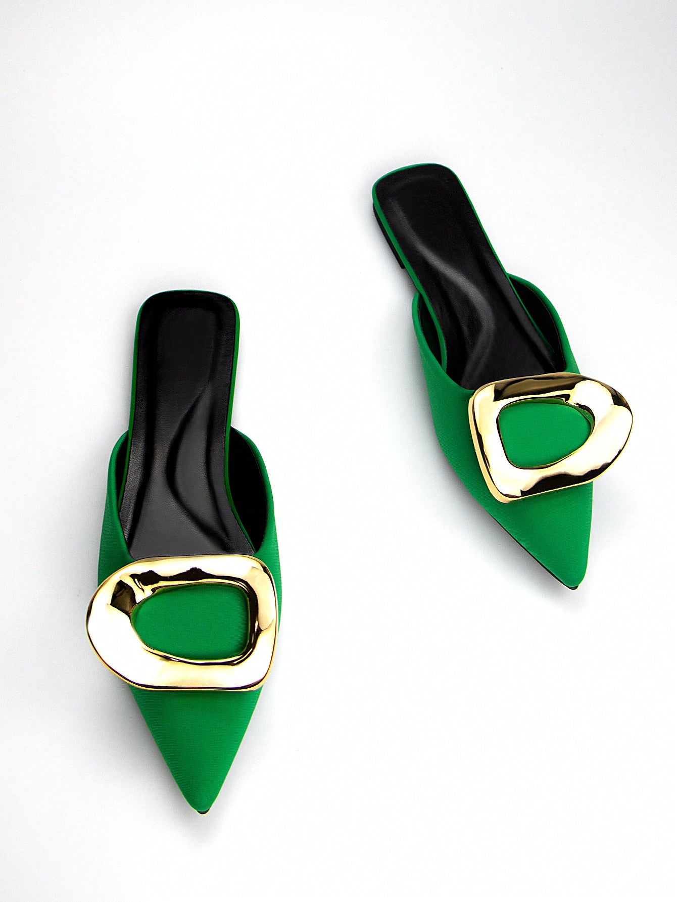 Women's Fashionable Gold Hardware Buckle Decorated Green Lycra Fabric Daily Pointed Toe Flat Mules