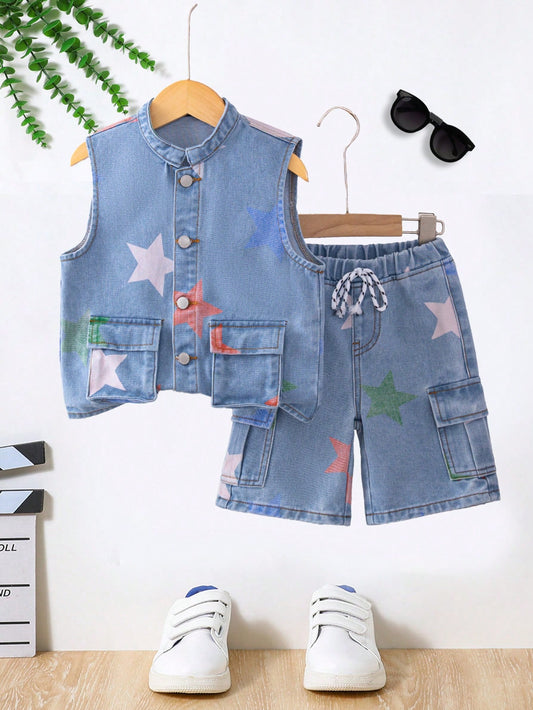 Young Boy 2pcs Casual Fashionable Mix And Match Cool Star Print Design Sleeveless Cargo Jacket Denim And Baggy Denim Boys Shorts With Cargo Pockets For Vacation And Dailywear Cute Summer Clothes For School