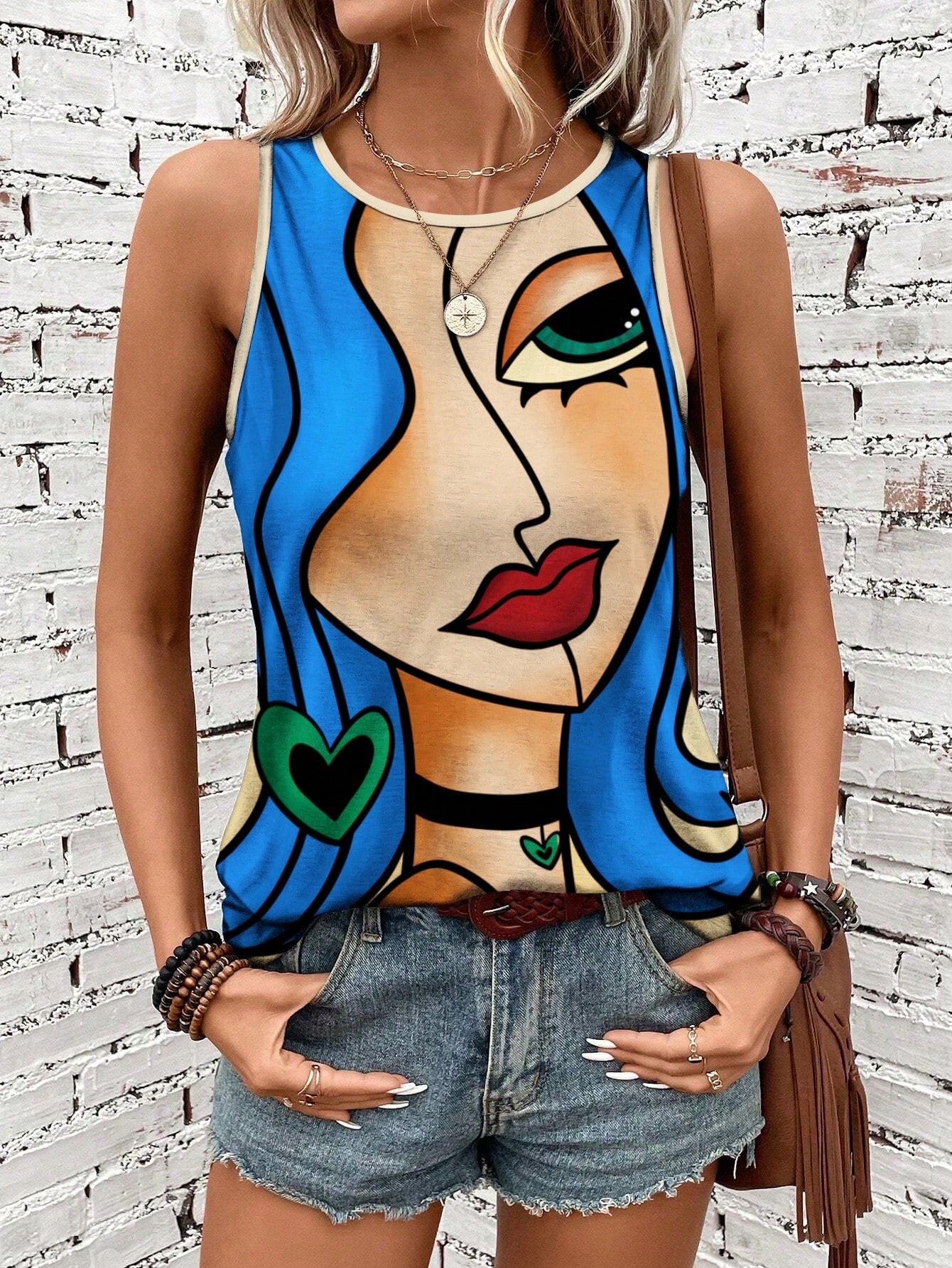 Women's Summer Vacation Printed Tank Top With Face Print