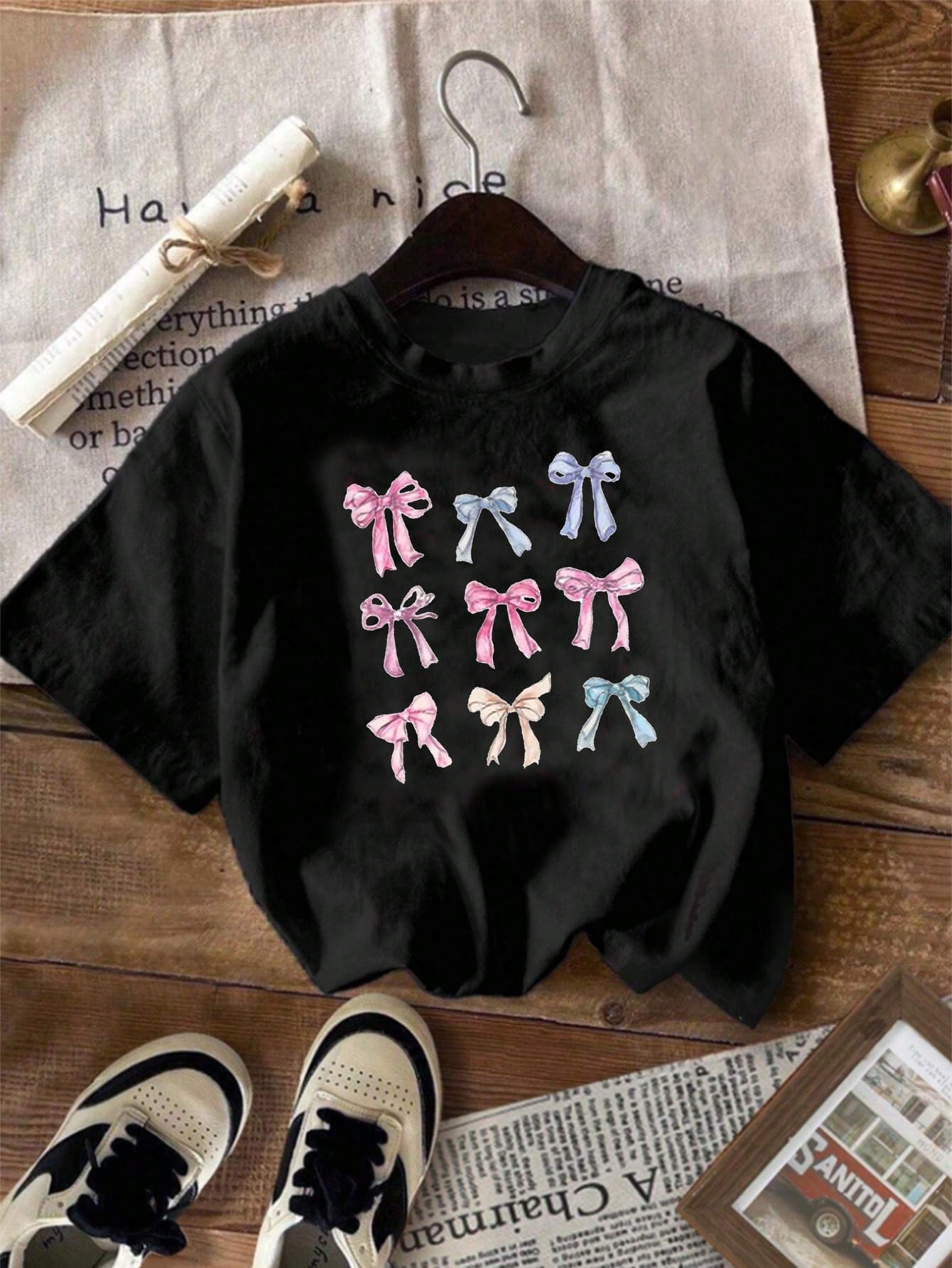 Tween Girl Summer Casual T-Shirt With Bow Pattern