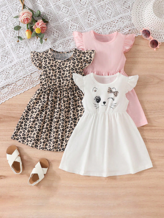 Young Girls' Leopard Printed Cat Patterned Cap Sleeve Dress 3pcs/Set