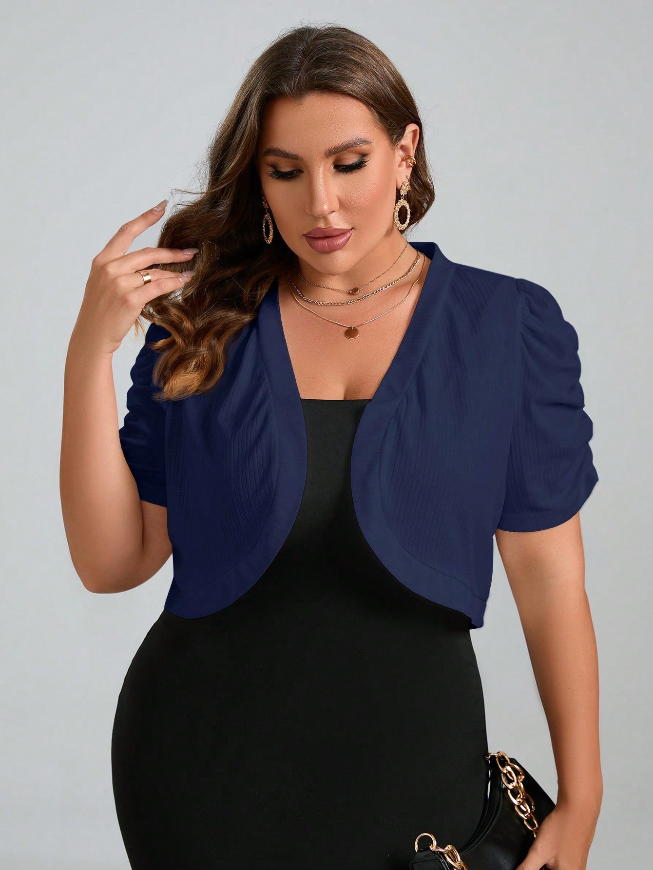 Plus Size Solid Color Short Cropped Jacket With Pleated & Puff Sleeves