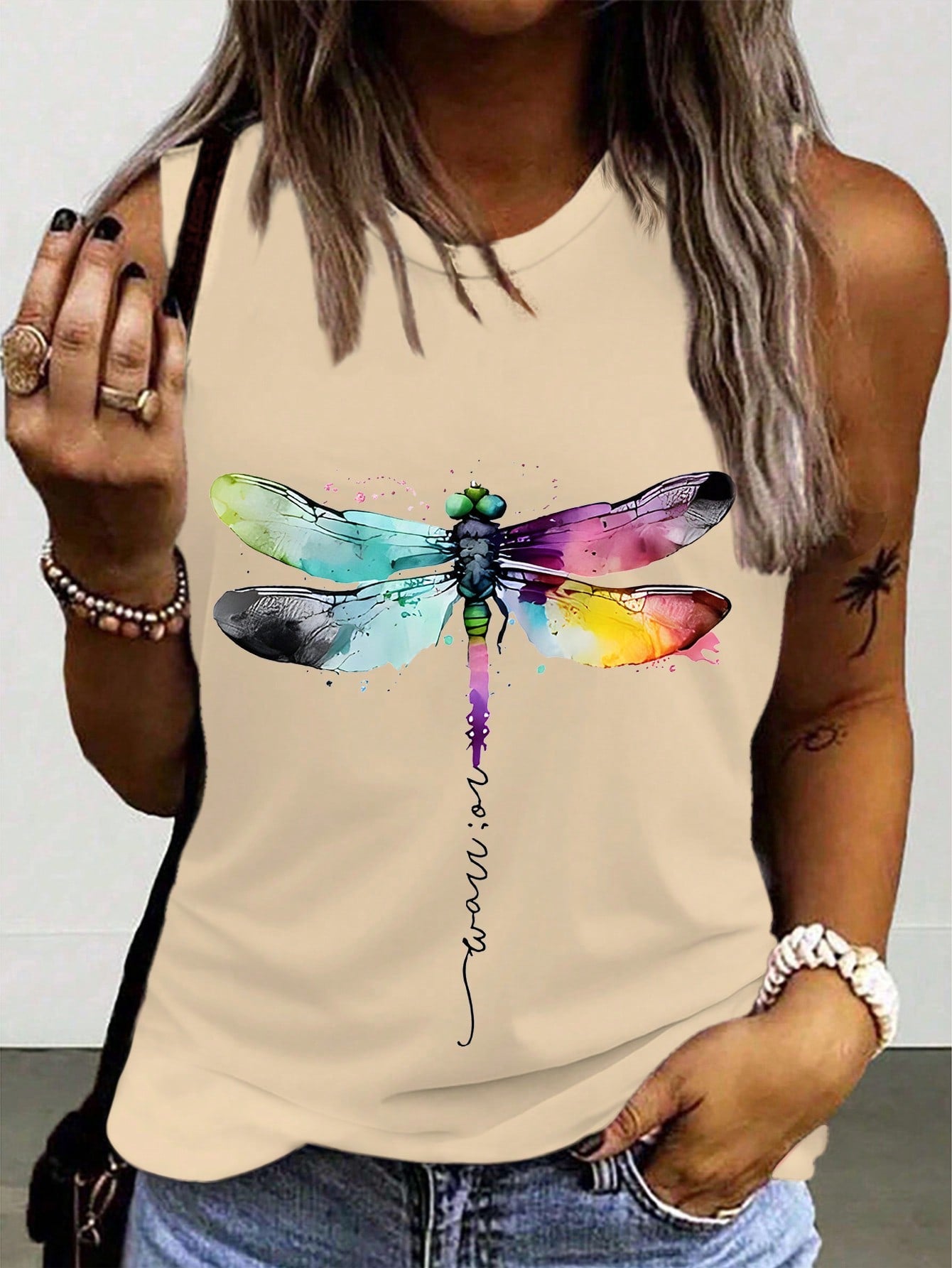 Ladies' Dragonfly Printed Round Neck Tank Top