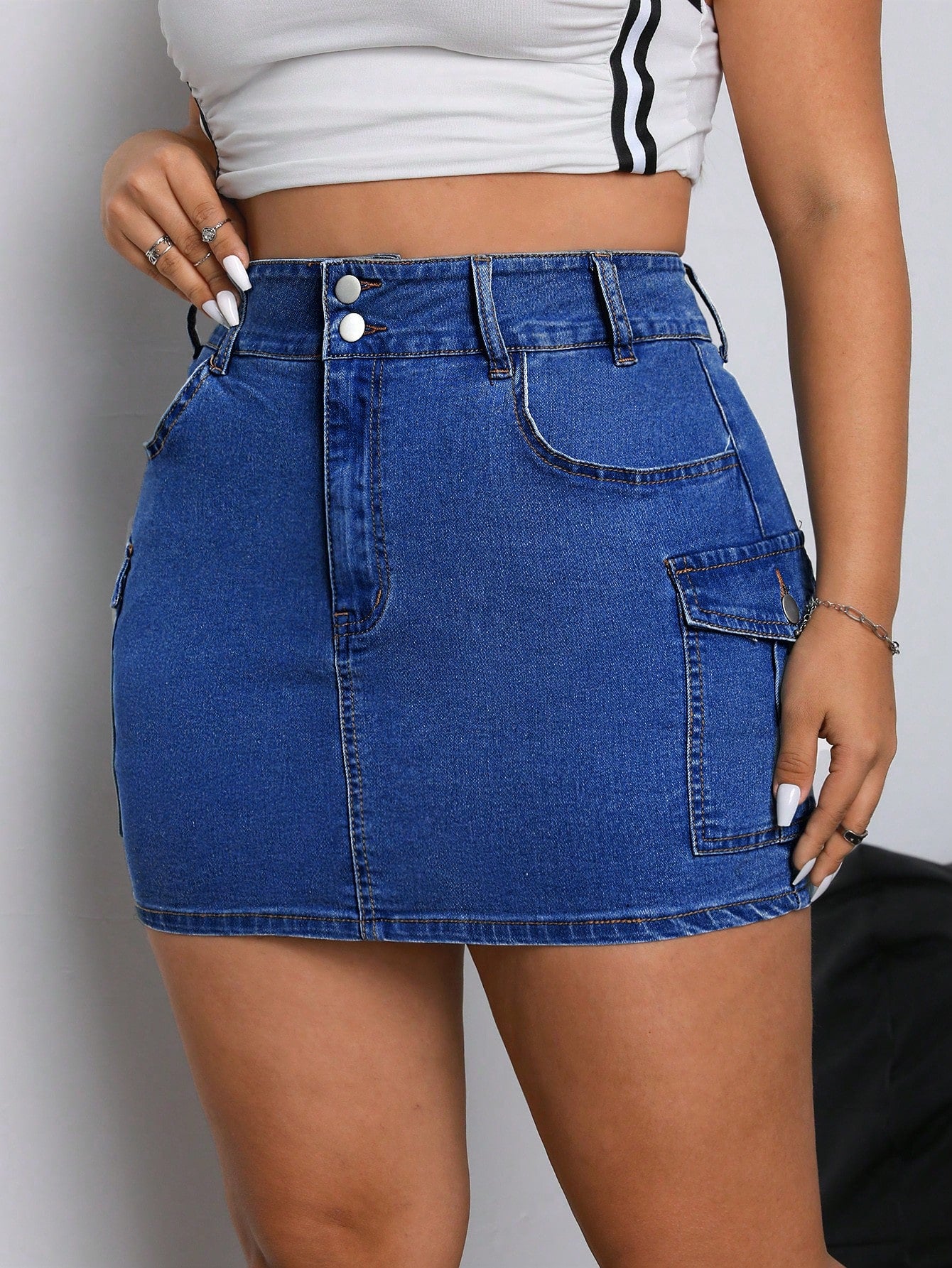 Plus Flap Pocket Denim Skirt