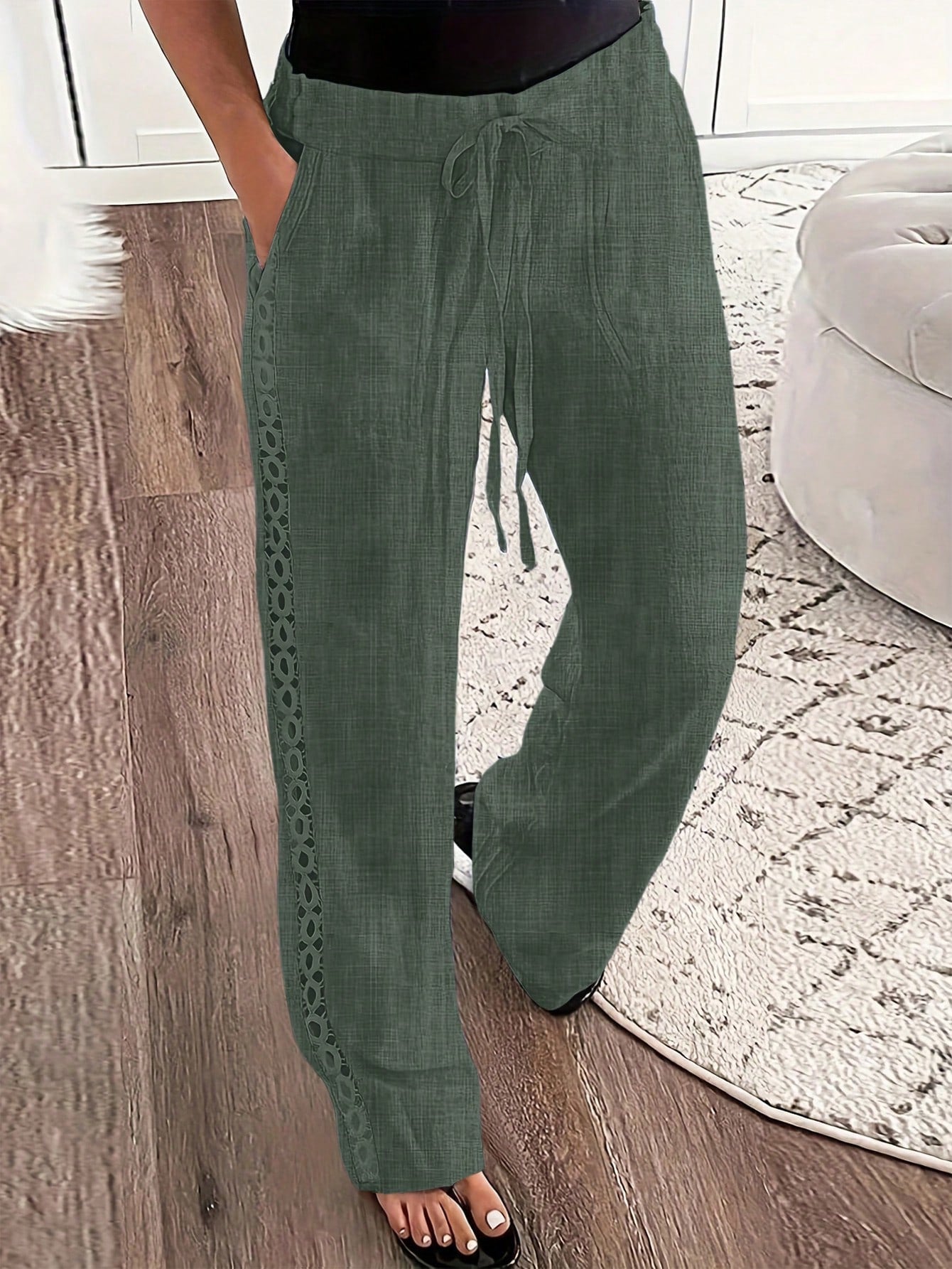 Women's Solid Color Waist Belted Wide Leg Casual Pants With Side Lace Border