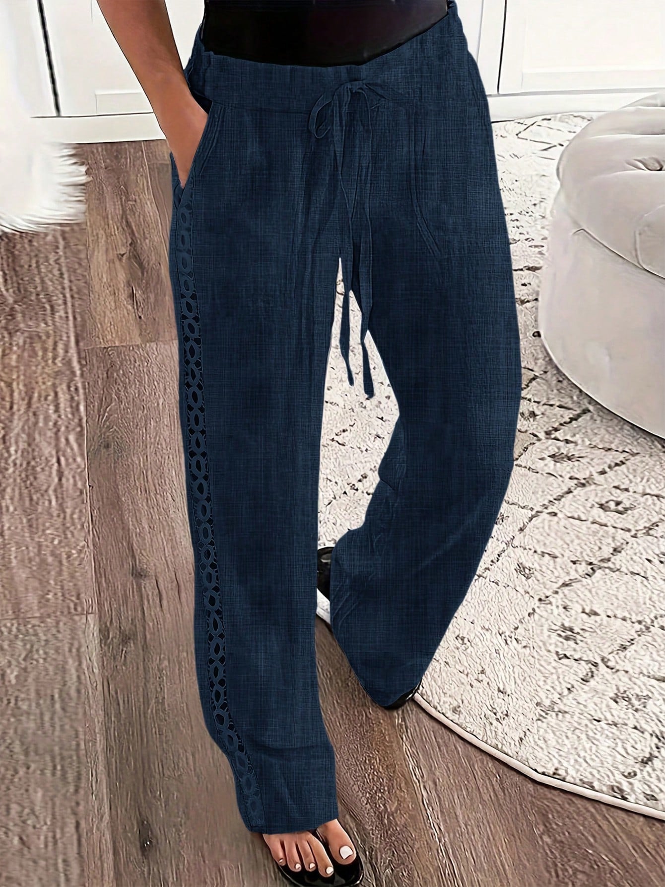 Ladies' Imitation Denim Linen Blend Side Lace Insert Long Pants