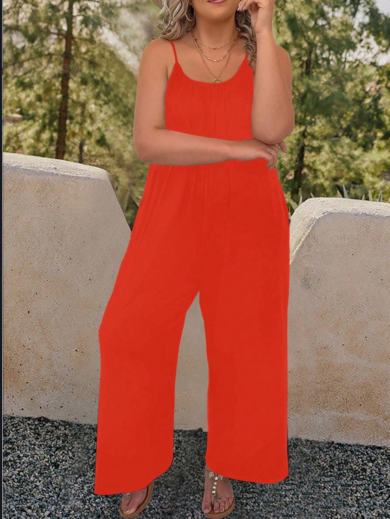 Plus Solid Slant Pocket Cami Jumpsuit