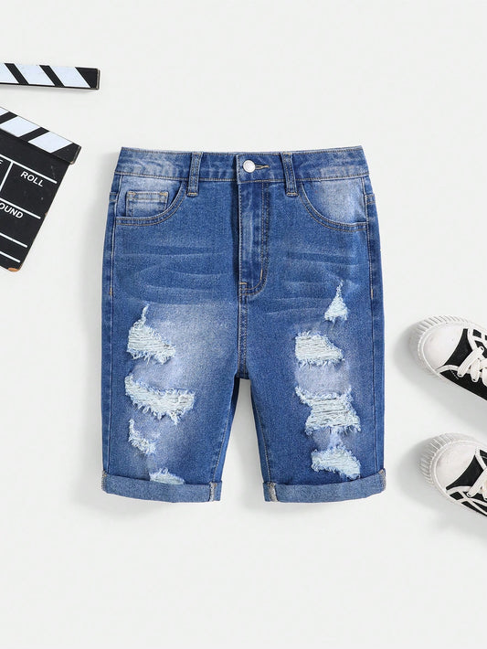 Tween Boy Casual Soft Ripped Frayed High Stretch Blue Denim Shorts, For Summer