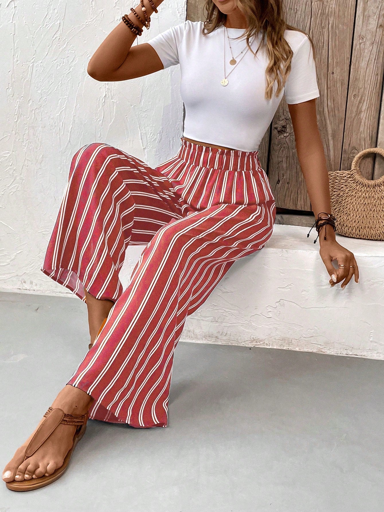 Women's Comfortable Elastic Waist Wide-Leg Pants With Side Stripes And Printed Pattern Decoration Festival Outfits 4th Of July Outfits Striped Pants.