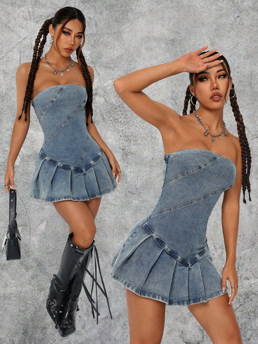 Summer Fashionable Denim Mini Dress With Pleated Hem And Strapless Design