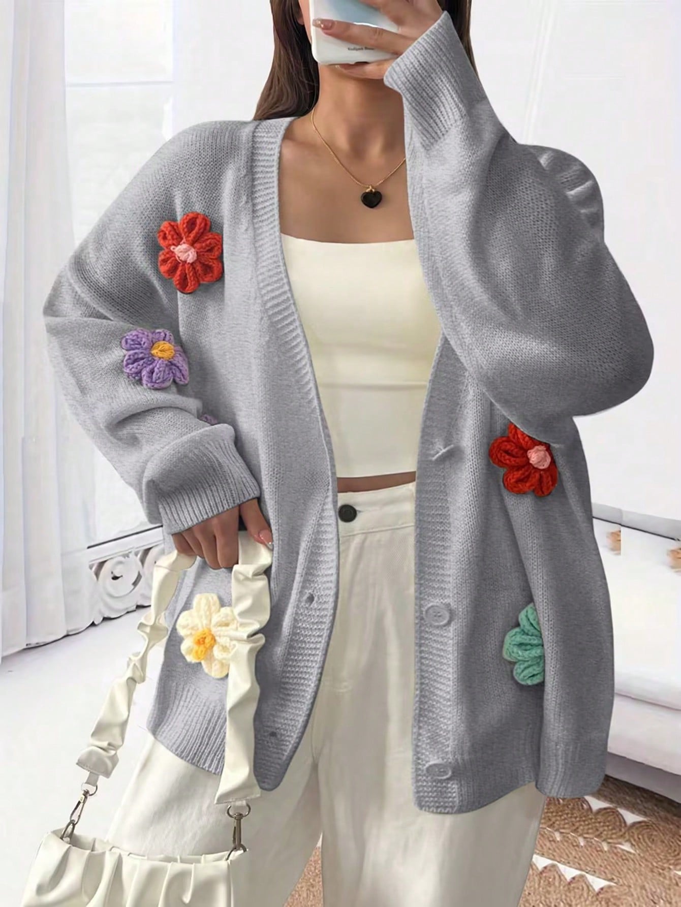 Plus Size Loose-Fit Cardigan With Wide Drop Shoulder And 3D Flower Embellishment